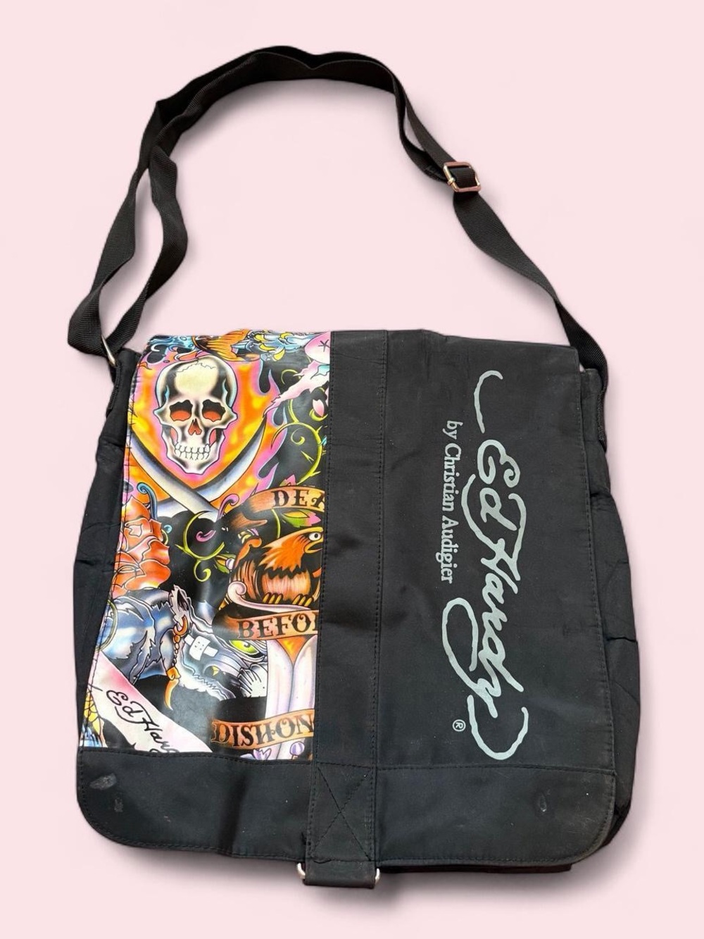 Y2K Ed Hardy Goth Grunge School Book Laptop Messenger crossbody Bag Purse Skull